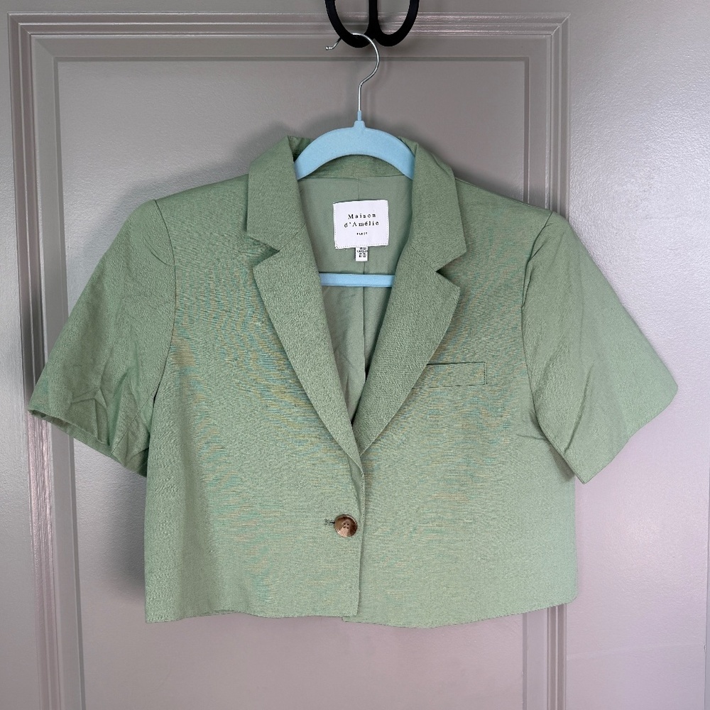 Maison d'Amélie Paris Sage Green Cropped Short Sleeve Blazer Size XS